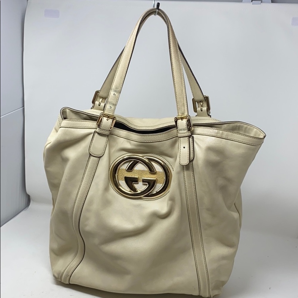 Gucci Cream Leather Britt Interlocking GG Large Shoulder Tote Bag